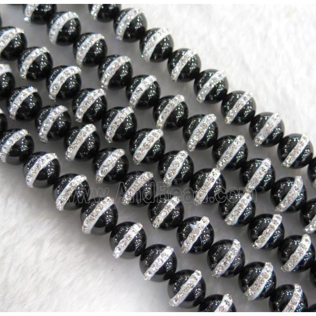 black Agate bead paved rhinestone, round