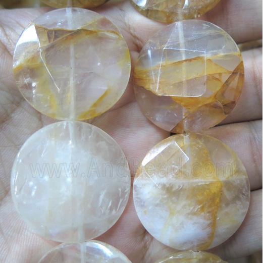 Iron-Quartz bead, faceted flat-round, yellow