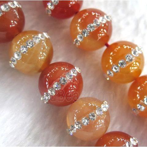 red agate beads with rhinestone, round