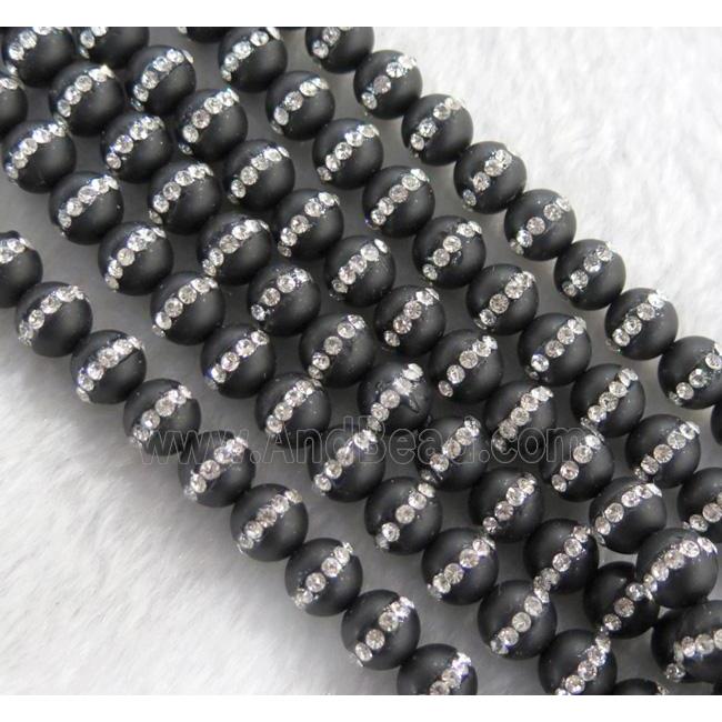 round black agate beads paved rhinestone, matte