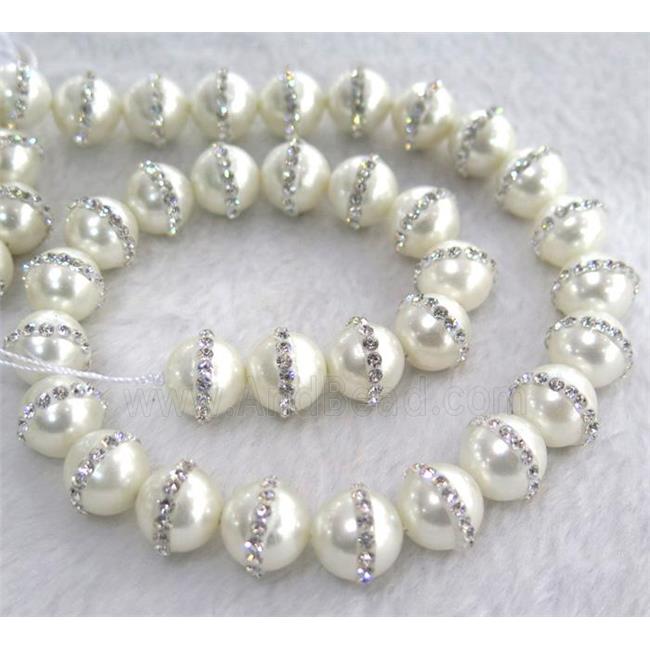 peral shell beads with rhinestone, round, white