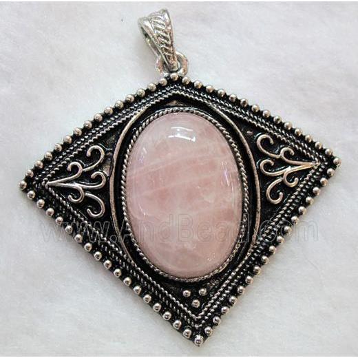 gemstone pendant, rose quartz, bat-shaped, antique silver