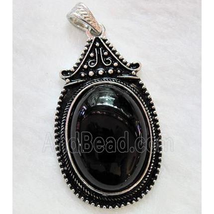 Black Onyx Agate Oval Pendant Alloy Antique Silver
