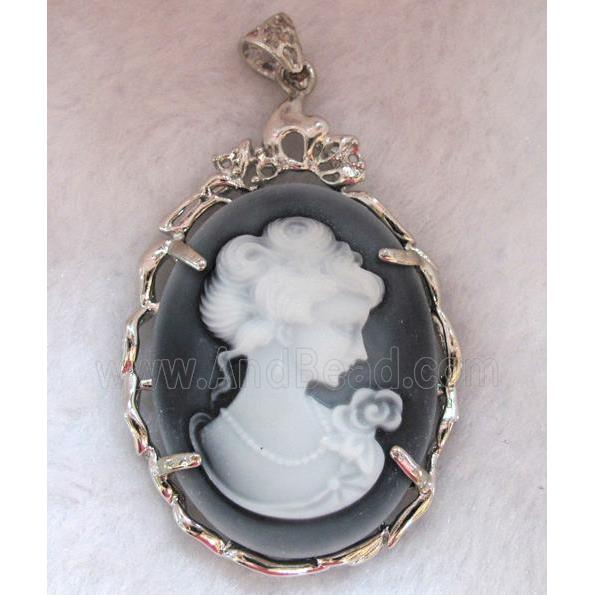 Victorian Lady Portrait Cameo resin pendant, platinum plated