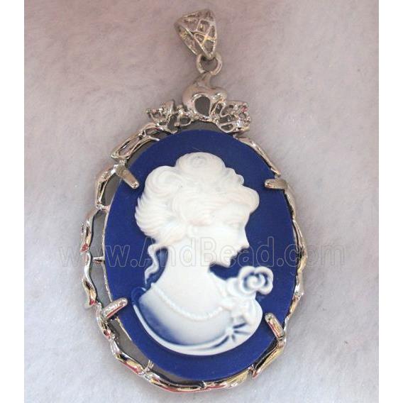 Victorian Lady Portrait Cameo resin pendant, platinum plated