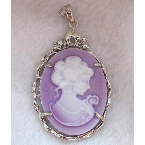 Victorian Lady Portrait Cameo resin pendant, platinum plated