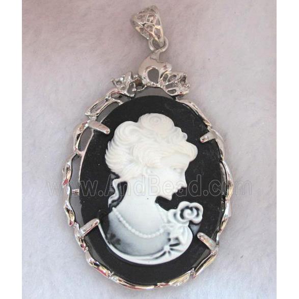 Victorian Lady Portrait Cameo resin pendant, platinum plated