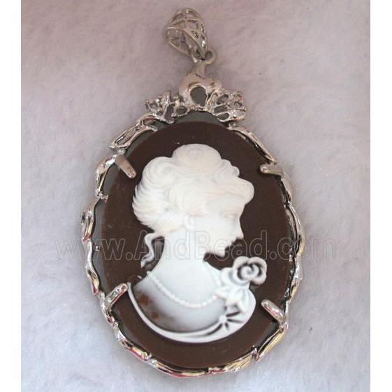 Victorian Lady Portrait Cameo resin pendant, platinum plated
