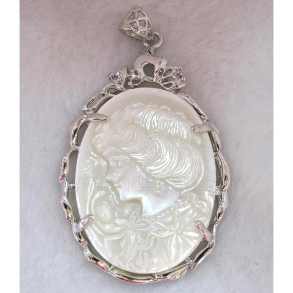 Victorian Lady Portrait Cameo, shell pearl pendant, platinum plated