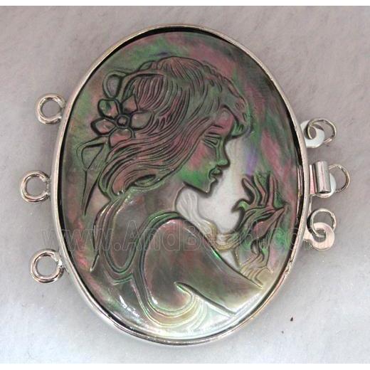 Victorian Lady Portrait Cameo, black shell connector for necklace, bracelet, platinum plated