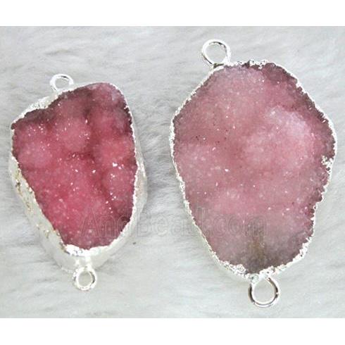 pink druzy quartz connector, silver