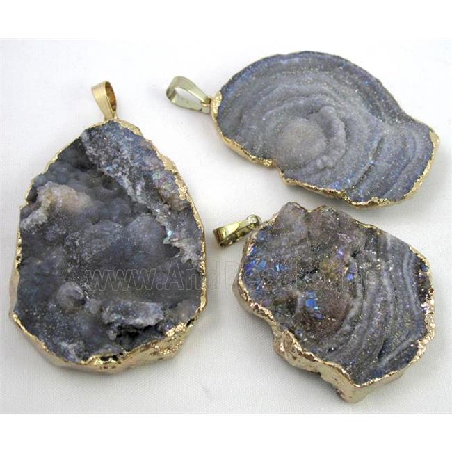 solar agate druzy pendant, freeform slice, gold plated