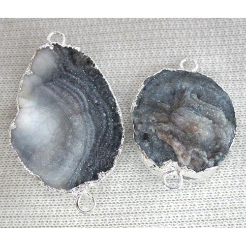 natural agate druzy connector, freeform slice, silver plated
