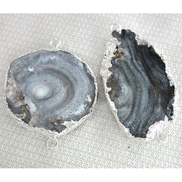 natural agate druzy connector, freeform slice, silver plated