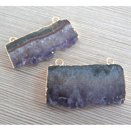 druzy amethyst pendant, freeform slice, gold plated, two-hole