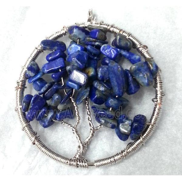 Blue Lapis Lazuli Chips Pendant Tree Of Life Wire Wrapped Platinum Plated