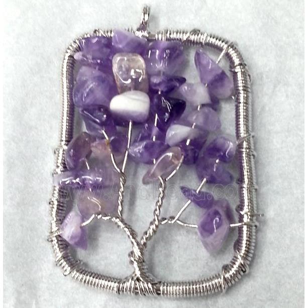 Purple Amethyst Chips Rectangle Pendant Tree Of Life Wire Wrapped Platinum Plated