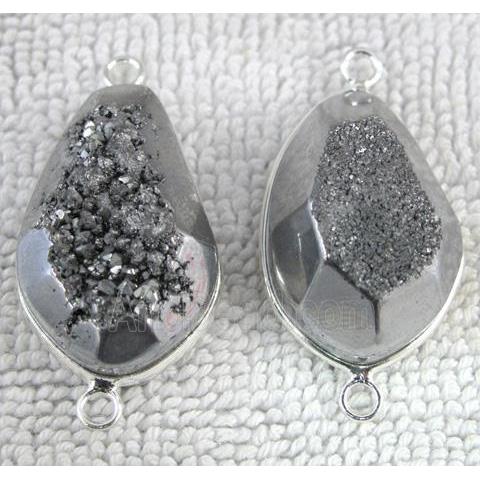 druzy quartz connector, faceted freeform, silver plated