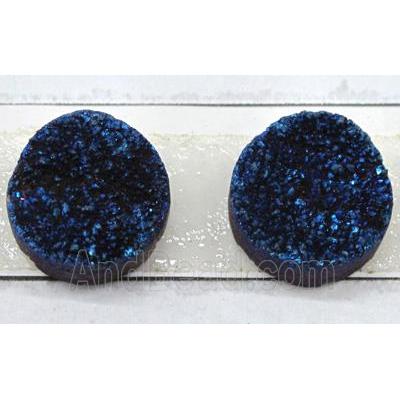 quartz druzy cabochon, flat-round, blue electroplated
