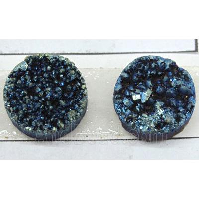 quartz druzy cabochon, flat-round, green electroplated