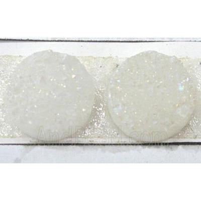white quartz druzy cabochon, flat-round, AB-color