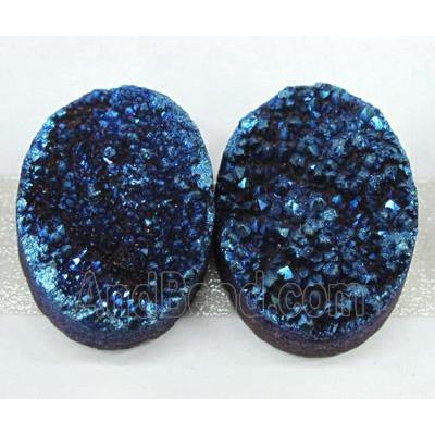 quartz druzy cabochon, oval, blue electroplated