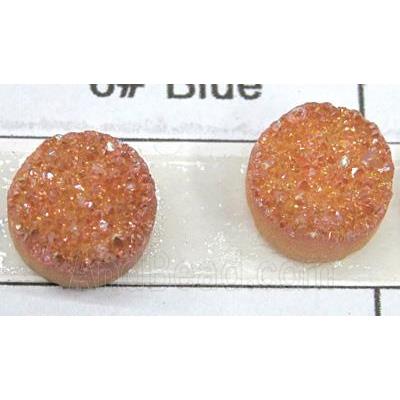 quartz druzy cabochon, flat-round, pink electroplated