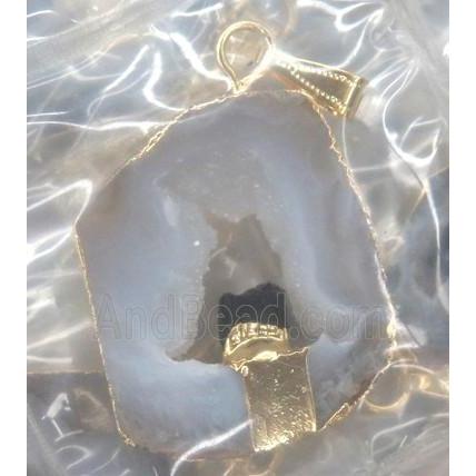 druzy agate slice pendant, freeform, paved tourmaline, gold plated