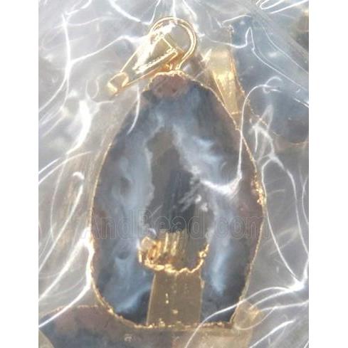 druzy agate slice pendant, freeform, paved tourmaline, gold plated