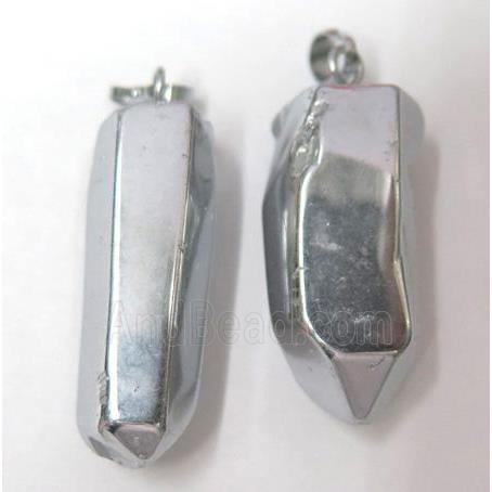 clear quartz pendant, stick, silver plated