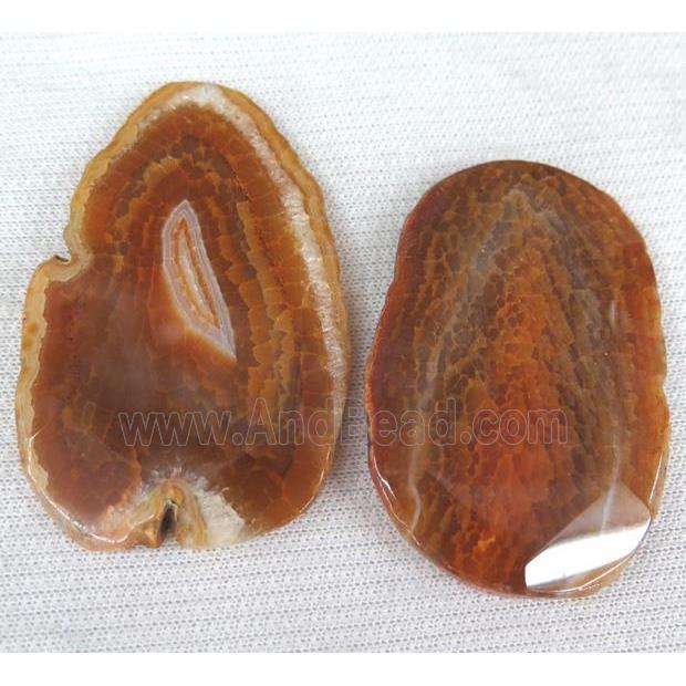 agate slice pendant, faceted freeform, orange