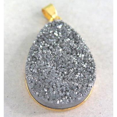 druzy quartz pendant, teardrop, silver electroplated