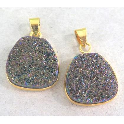druzy quartz pendant, trapeziform, rainbow electroplated