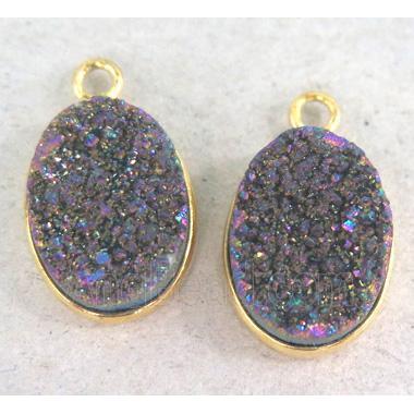 druzy quartz pendant, oval, rainbow electroplated