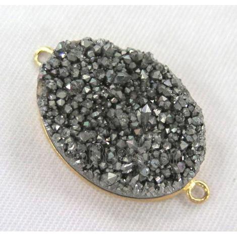 Druzy quartz connector, oval, silver plated