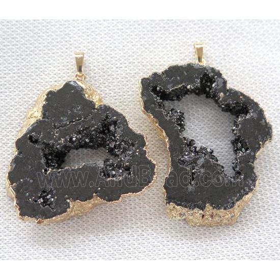 druzy agate pendant, freeform slice, black electroplated