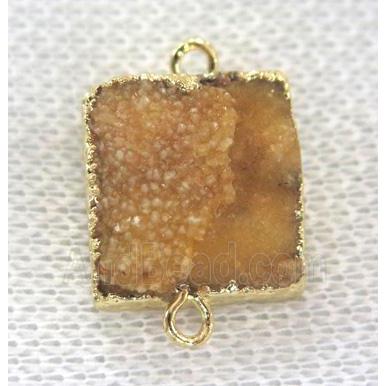 yellow druzy quartz connector, square, gold plated