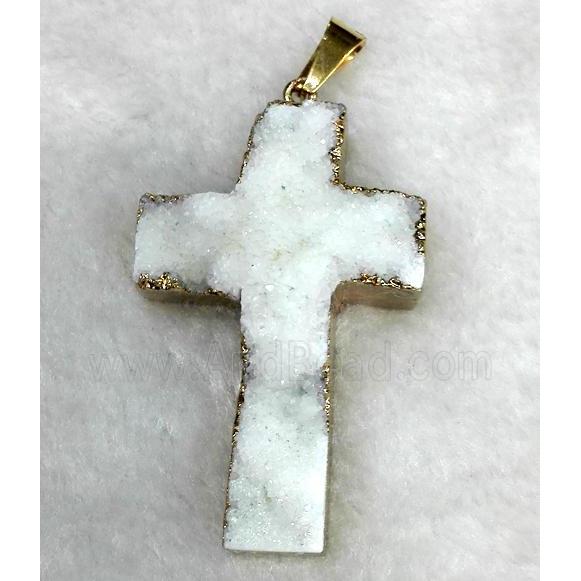 white druzy quartz pendant, cross, gold plated