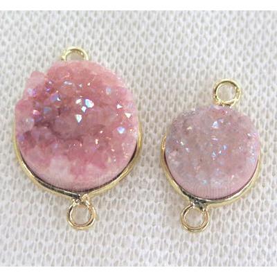 pink druzy quartz connector, flat-round