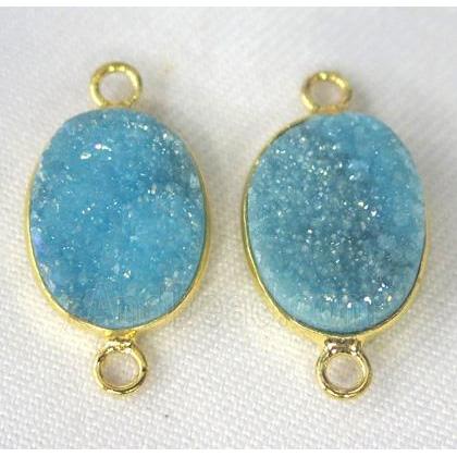 druzy quartz connector, oval, blue AB-color