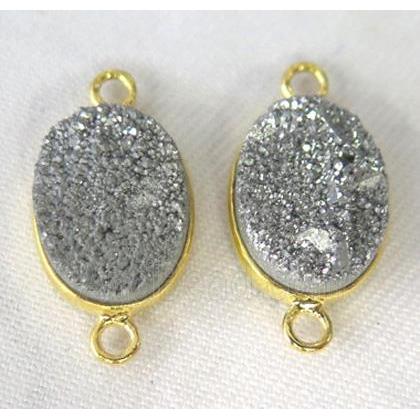 druzy quartz connector, oval, silver electroplated
