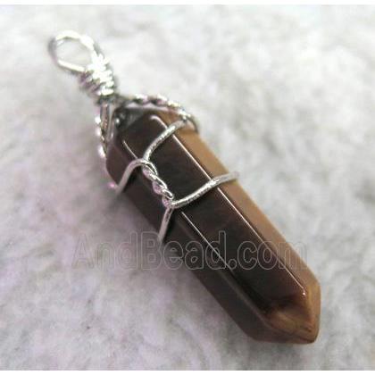 Tiger Eye Stone pendant, bullet, wire wrapped