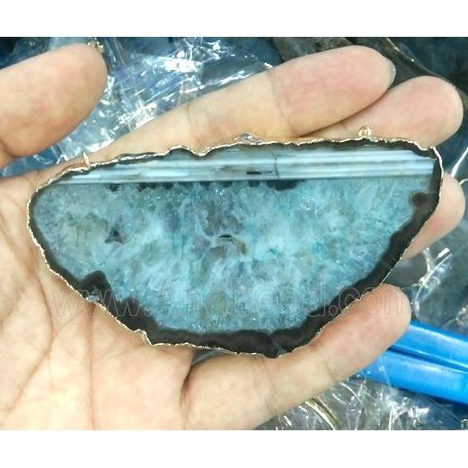 druzy agate pendant with 2-holes, freeform slab, gold plated