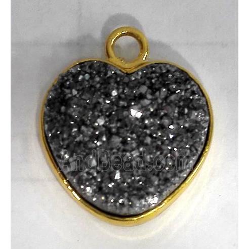 druzy quartz pendant, heart, black plated