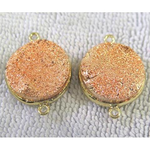 metallic quartz druzy connector, flat-round, rose-gold electroplated