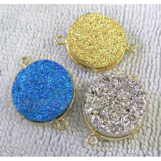 metallic quartz druzy connector, flat-round, mixed color