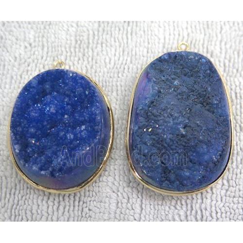 blue quartz pendant with druzy, freeform, gold plated