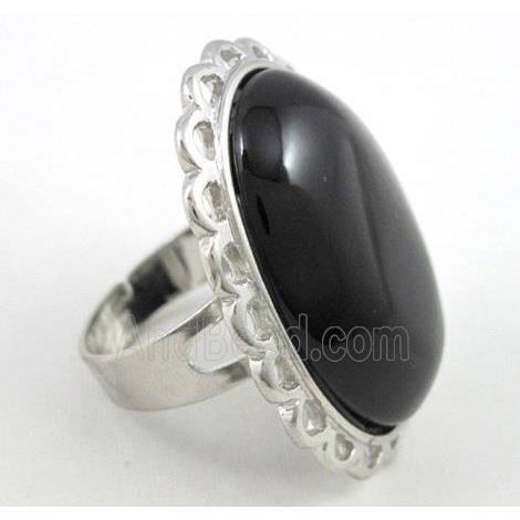 black onyx ring, adjustable, copper, platinum plated
