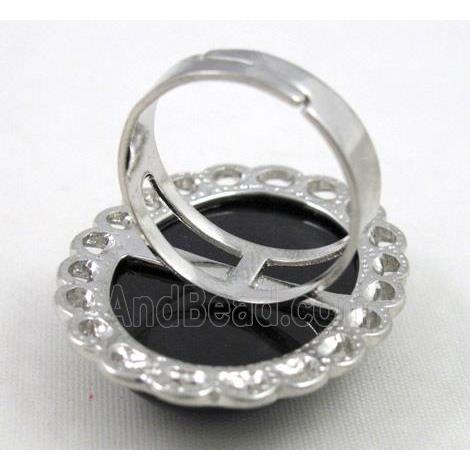black onyx ring, adjustable, copper, platinum plated
