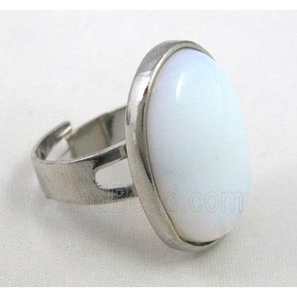 white opalite ring, adjustable, copper, platinum plated